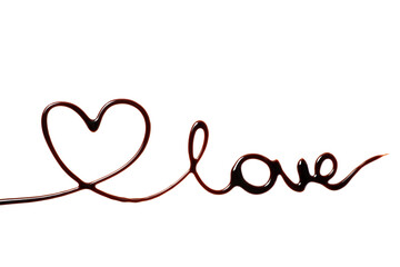 Word Love with heart made of chocolate on white background, top view