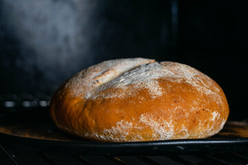 Hot homemade bread with moisture vapor freshly made in a Chilean clay oven with white flour and women's hands Cordoba Argentina