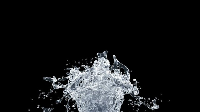 Water Splash with droplets on black background with alpha mask. 3d illustration.