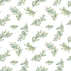 Seamless pattern with green olive branches on white background