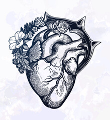Naturalistic heart in a frame of flowers and thorns.Vintage gothic style inspired art. Vector illustration isolated. Tattoo design, trendy romance symbol for your use.