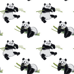 Fototapeta na wymiar Digital seamless pattern with panda bears and bamboo branches.