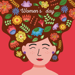 international womens day lettering card in the woman hair with floral decoration