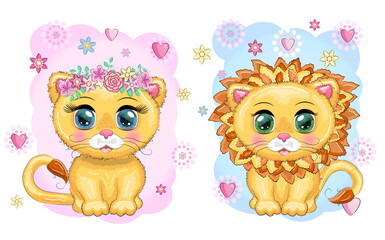 Cute cartoon lion and lioness with big eyes in a children's bright style among flowers, hearts.