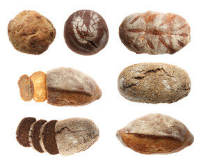 Fototapeta na wymiar Set with different fresh tasty bread on white background, top view