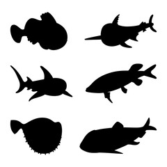 Fishes - set of vector icons. Silhouette. Isolated over white background