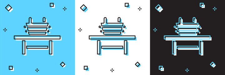 Set Sauna bench with bucket icon isolated on blue and white, black background. Vector.
