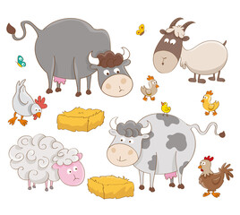 Farm animals set draw. Cow, goat, sheep. Flat vector illustration isolated on white background