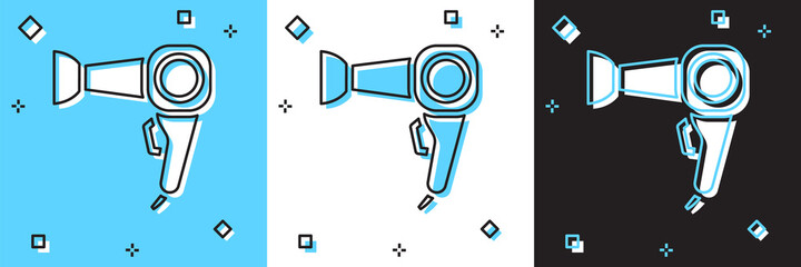 Obraz premium Set Hair dryer icon isolated on blue and white, black background. Hairdryer sign. Hair drying symbol. Blowing hot air. Vector.