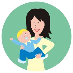 Mother with baby boy, vector illustration at circle green frame
