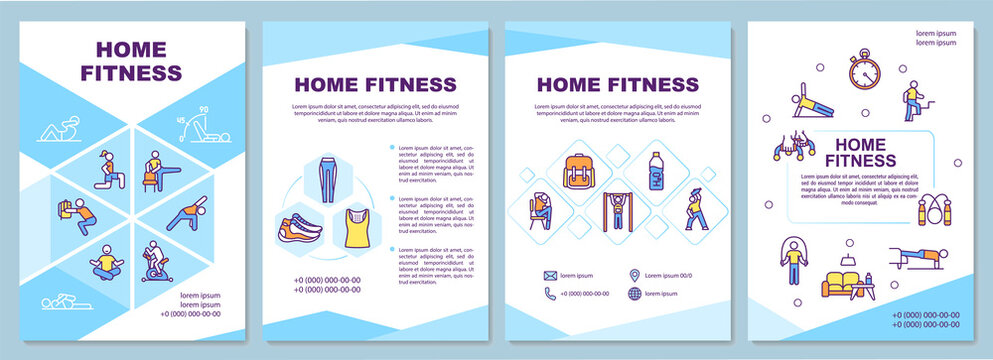 Home fitness brochure template. Exercising in your room. Flyer, booklet, leaflet print, cover design with linear icons. Vector layouts for magazines, annual reports, advertising posters