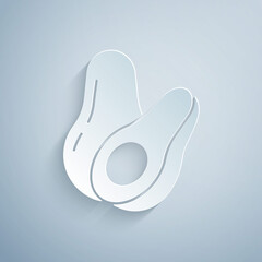 Paper cut Avocado fruit icon isolated on grey background. Paper art style. Vector.