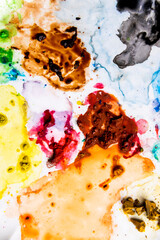Obraz na płótnie Canvas Color palette mixes watercolors dish to prepare pigments, tool for art and creativity.