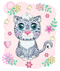 Cartoon snow leopard with expressive eyes. Wild animals, character, childish cute style.