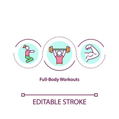 Full body workouts concept icon. Type of training plan where every muscle of human body is trained. Workout idea thin line illustration. Vector isolated outline RGB color drawing. Editable stroke