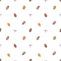 Watercolor seamless pattern for Easter. Decorated Easter eggs and pink bows on a white background. For postcards, wrapping paper, scrapbooking paper, gifts, and more.