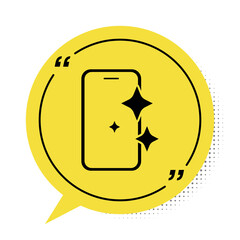 Black Glass screen protector for smartphone icon isolated on white background. Protective film for glass. Transparent soft glass for mobile phone. Yellow speech bubble symbol. Vector.