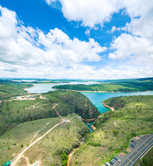 Panoramic aerial view of the Belvedere of the Canyons on a sunny day. Canyons of Furnas, boat rides and the Mar de Minas at Capitólio - MG, Brazil. Brazilian tourist destination. 