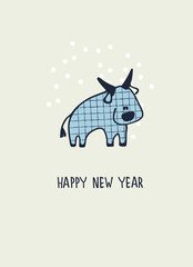 Happy New Year greeting card with ox, zodiac animal for 2021. Funny Chinese horoscope bull and hand-lettered greeting phrase
