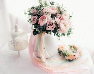 Beautiful delicate wedding bouquet in white vase with pink ribbons