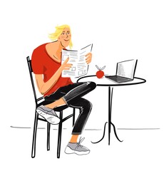 person working on laptop and reading newspaper in a cafe