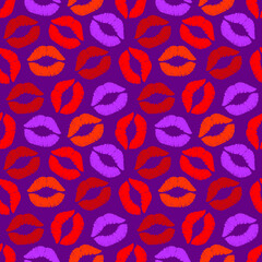 Lipstick mark in red, brown, pink, burgundy, coral on a dark purple background. Seamless pattern. Vector illustration