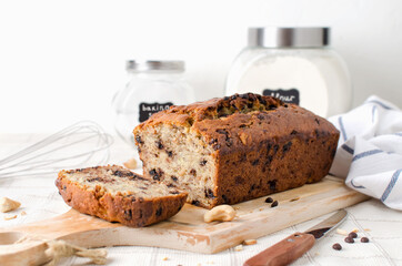 Homemade banana bread with cashew nuts and chocolate drops