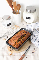 Homemade banana bread with cashew nuts and chocolate drops