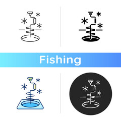 Ice fishing icon. Drill hole gear. Active rest. Winter fisher tournament. Fishers equipment. Fishery tools. Winter sports. Linear black and RGB color styles. Isolated vector illustrations