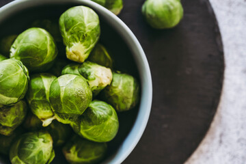 Choux de bruxelles fraîchement cueillis au potager dans un bol en céramique sur fond