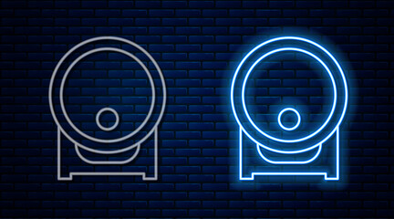 Glowing neon line Wooden barrel on rack with stopcock icon isolated on brick wall background. Vector.