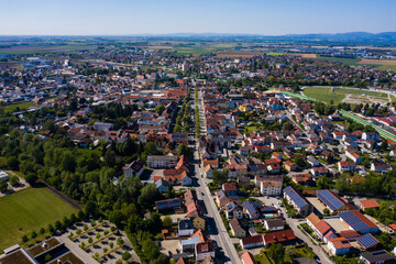 Aerial view of the city Plattling in Bayern in Germany, Bavaria on a sunny in spring	