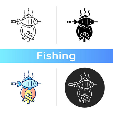 Cooking freshly caught fish icon. Fres sea food idea. Hobby and leasure activities. Making a fire. Outdoor cooking. Linear black and RGB color styles. Isolated vector illustrations
