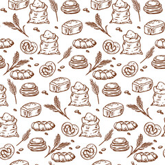 Various types of bread in a playful trendy modern style, including flour, pretzel pancakes. Set of hand drawn bakery products isolated on white background.