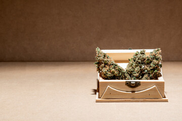 Details of some medical marihuana buds ready for consumption inside a wooden box. Selective focus on brown background.