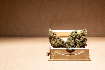 Details of some medical marihuana buds inside a wooden box. Selective focus on brown background.