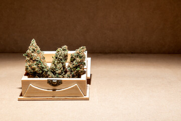 Details of some medical marihuana buds inside a wooden box. Selective approach.