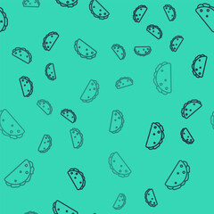 Black line Taco with tortilla icon isolated seamless pattern on green background. Traditional mexican fast food menu. Vector.