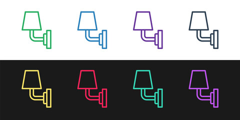 Set line Wall lamp or sconce icon isolated on black and white background. Wall lamp light. Vector.