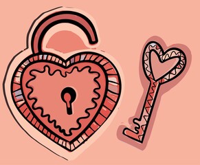 Heart lock with keyhole and decorative key vector icon on pink background 