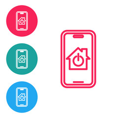 Obraz premium Red line Mobile phone with smart home icon isolated on white background. Remote control. Set icons in circle buttons. Vector.