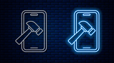 Glowing neon line Smartphone with broken screen icon isolated on brick wall background. Shattered phone screen icon. Vector.