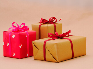 Gift boxs or present wrapped in craft paper.