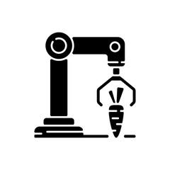 Harvesting robotics black glyph icon. Smart industrial environments. Modern farm technology. Automation and engineering in biotechnology. Silhouette symbol on white space. Vector isolated illustration