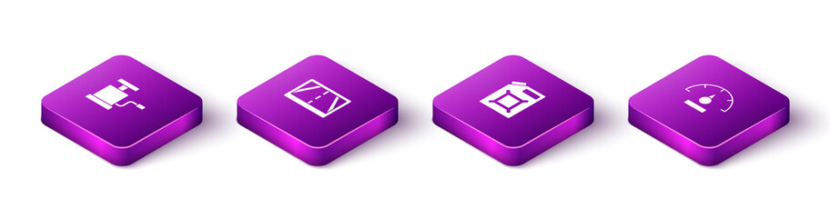 Set Isometric Car air pump, Gps device with map, Canister for gasoline and Speedometer icon. Vector.