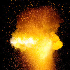 Fiery super bright bomb explosion, orange color with sparks and smoke isolated on black background