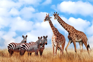 Group of wild zebras and giraffes in the African savanna against the beautiful blue sky with white clouds. Wildlife of Africa. Tanzania. Serengeti national park. African landscape. Copy space. - obrazy, fototapety, plakaty