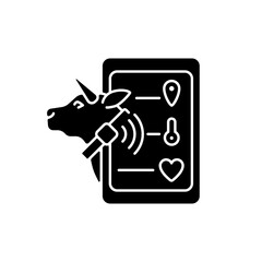 Livestock monitoring black glyph icon. Cattle tracking systems. Cows location monitoring. Smart agritech. Animal identification. Silhouette symbol on white space. Vector isolated illustration