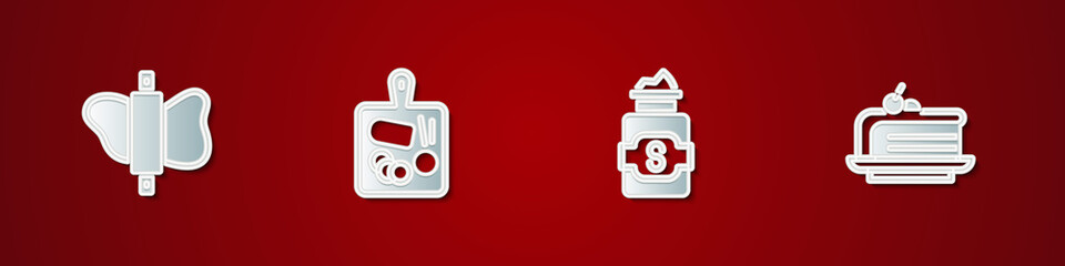 Obraz premium Set Rolling pin on dough, Cutting board, Jar of sugar and Piece cake icon. Vector.