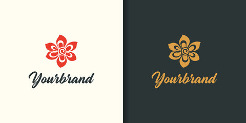 Abstract Star Flower Logo. Red and Gold Hand Drawn Flower isolated on Double Background. Usable for Nature, Salon, Spa, Cosmetic and Beauty Logos. Flat Vector Logo Design Template Element.